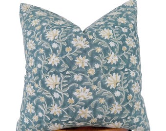 Block Print Linen Pillow Cover: Green gray Floral and butter yellow Design