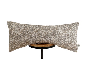 block print linen pillow, Brown/light gray/tan color floral pillow. lumbar pillow cover.14×30"14×34"14×46"