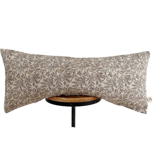 block print linen pillow, Brown/light gray/tan color floral pillow. lumbar pillow cover.14×30"14×34"14×46"