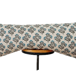 Hand block print linen pillow cover, blue and gray floral pillow cover, lumbar pillow cover