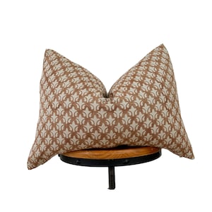 Block print linen pillow, brown and natural linen pillow cover