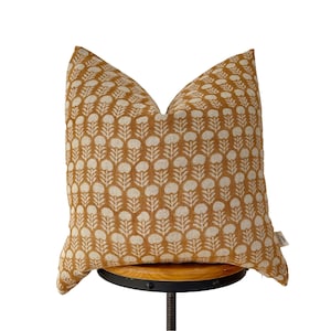 Hand Block Print Linen Pillow Cover: Tan Floral Design