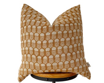 Hand Block Print Linen Pillow Cover: Tan Floral Design