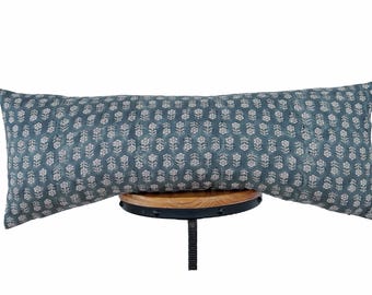 Hand Block Linen Lumbar Pillow Cover: Antique Blue Floral