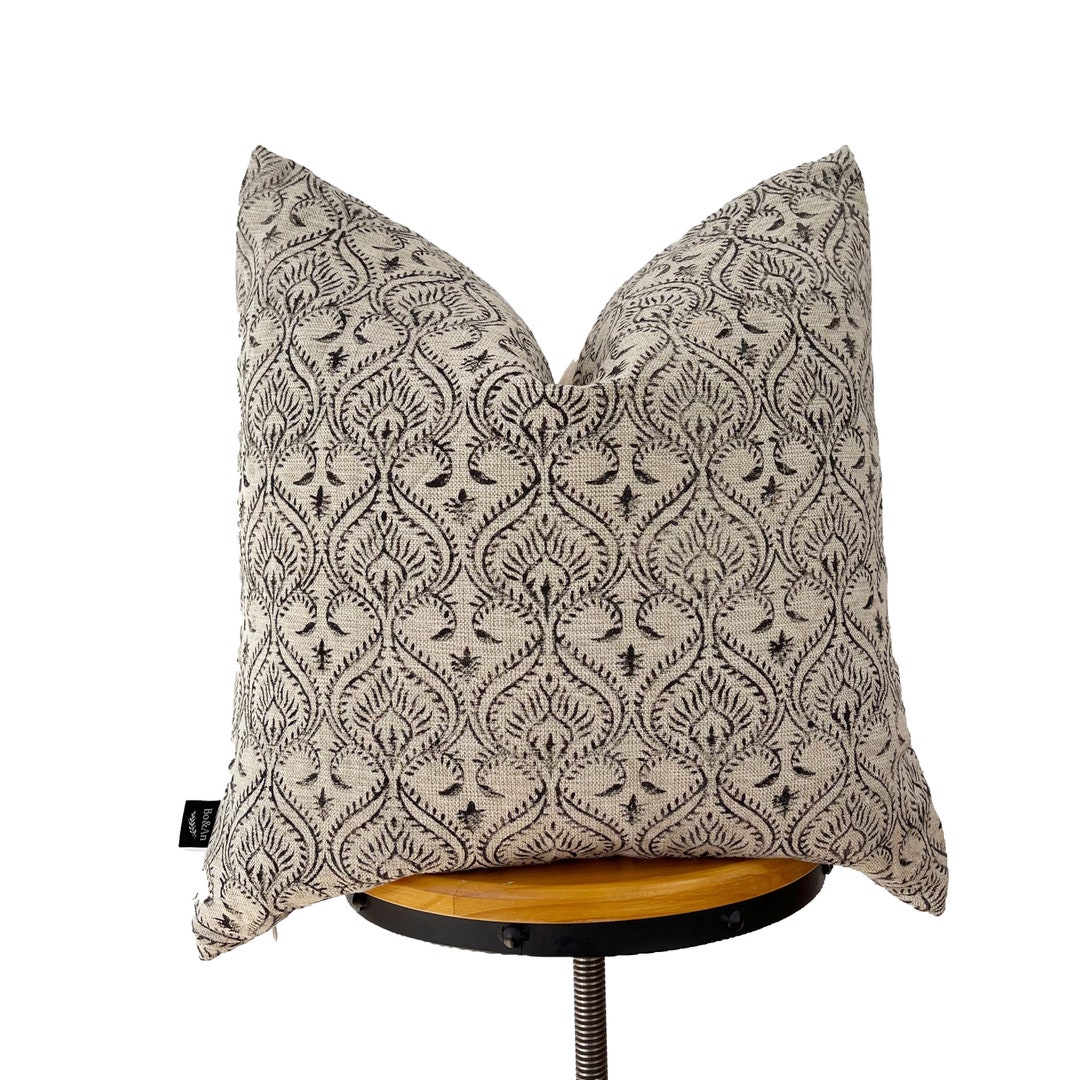 Block Print Linen Pillow, Black Floral and Natural Linen Pillow Cover