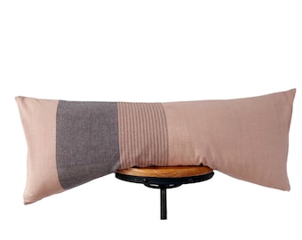 New/ Hand woven cotton fabric lumbar Pillow Cover: Rusty/  Terracotta color  and gray Blue striped