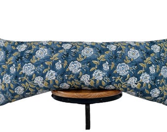 Block print linen lumbar Pillow Cover: Blue and Green Floral Design
