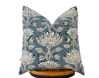 Blue gray and beige floral pillow cover