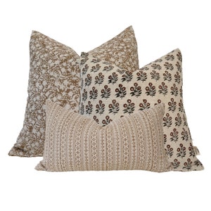 block print linen pillow combos. camel color/light brown floral pillow covers.22x22.20x20.12x20