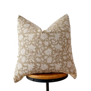 block print linen pillow, Khaki / tan color floral pillow cover, lumber pillow cover