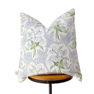 Designer fabric pillow, green /blue /ivory white floral pillow cover
