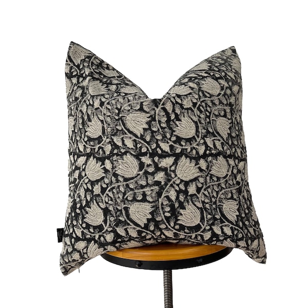 Block print linen pillow, black floral and natural linen pillow Cover