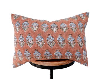 block print linen lumbar pillow cover . blue and camel floral design，Terracotta color background