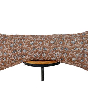 Floral Block Print Linen Lumbar Pillow Cover ,  Brown and  Indigo blue floral pillow cover