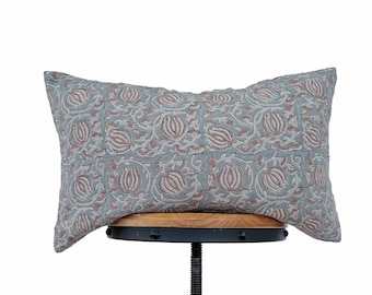 Hand Block Print Linen lumbar Pillow Cover: blue and brown Floral Design