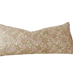 block print pillow, Khaki /tan and rusty/ floral pillow cover.natural linen lumbar pillow cover