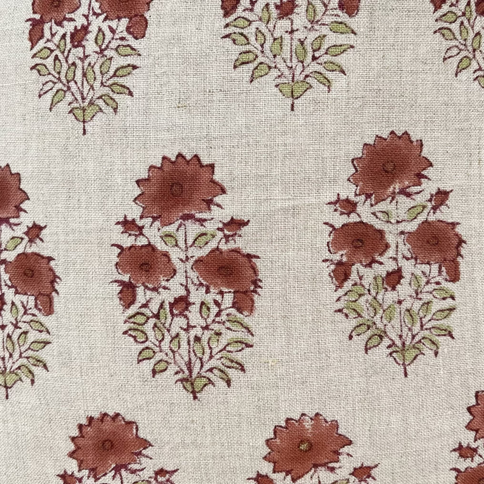 Rusty Pilo Block Block Print Pillow, Rusty Floral / Olive Green and Natural Linen Pillow ...