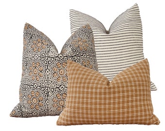 Tan and cream check / black and cream striped/ tan and black floral block print linen/Pillow Combos