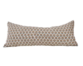 Block print linen pillow, Blue  and  camel/ brown color floral and natural linen pillow cover, lumbar pillow cover