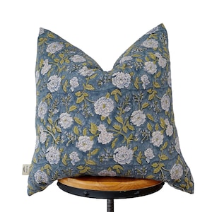Hand block print pillow cover, gray blue/ olive green and white floral pillow cover ,Natural linen floral pillow cover.