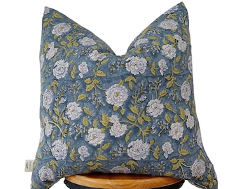 Hand block print pillow cover, gray blue/ olive green and white floral pillow cover ,Natural linen floral pillow cover.