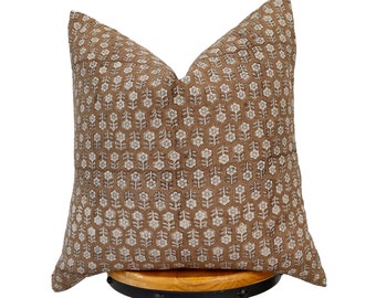 block print linen pillow cover. camel color and natural linen floral pillow cover