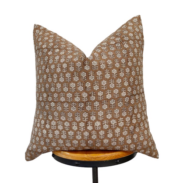 block print linen pillow cover. camel color and natural linen floral pillow cover