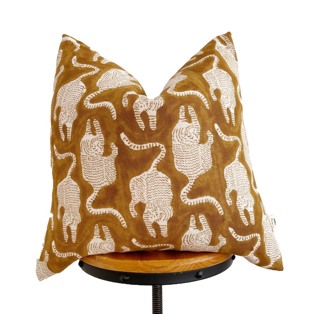 Block Print Linen Pillow, Mustard Brown and Cream Linen Pillow Cover