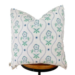 designer fabric pillow cover, blue, green and white floral pillow cover.