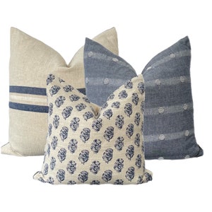 Indigo Floral Linen Pillow Cover: Modern Farmhouse Boho Throw Pillow