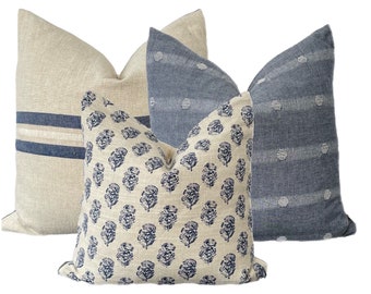 Indigo Floral Linen Pillow Combos :blue striped Pillow cover, blue floral pillow cover