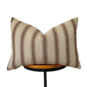 block print lumbar pillow cover, brown and natural linen striped pillow cover