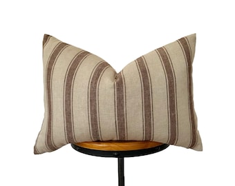 Block Print Linen Lumbar Pillow Cover: Brown Striped Design