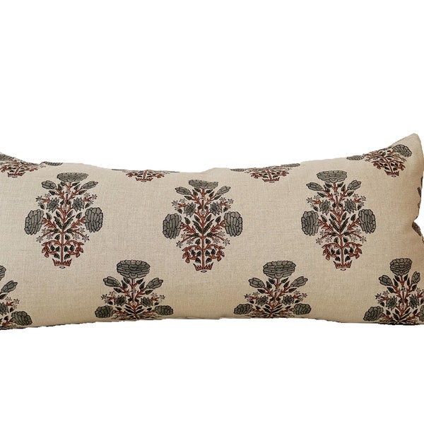 block print linen pillow, gray and rusty color floral pillow, lumber pillow cover