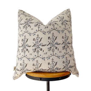 Block print linen pillow, indigo blue/ black floral pillow, natural linen pillow cover