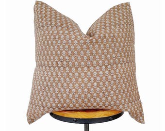 block print linen pillow cover , camel color small floral fabric pillow cover