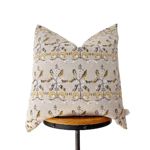 Block Print Linen Pillow Cover: Mustard Floral Design