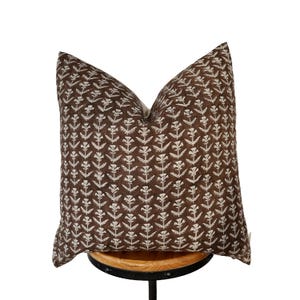 Block Print Linen Pillow Cover: Brown Floral Design