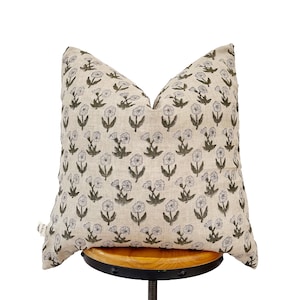 Block print linen pillow, olive green floral pillow cover