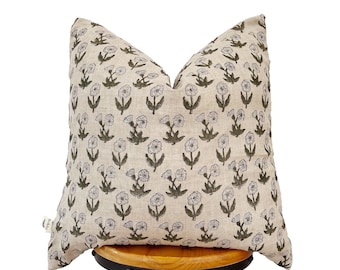 Block print linen pillow, olive green floral pillow cover