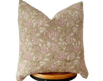 Floral Block Print Linen Pillow Cover: Beige & Rusty Red