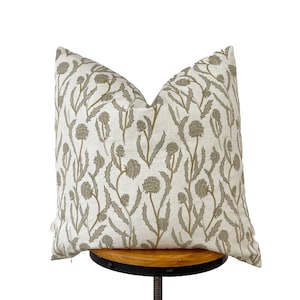 Designer  fabric pillow cover, olive green and natural floral pillow cover