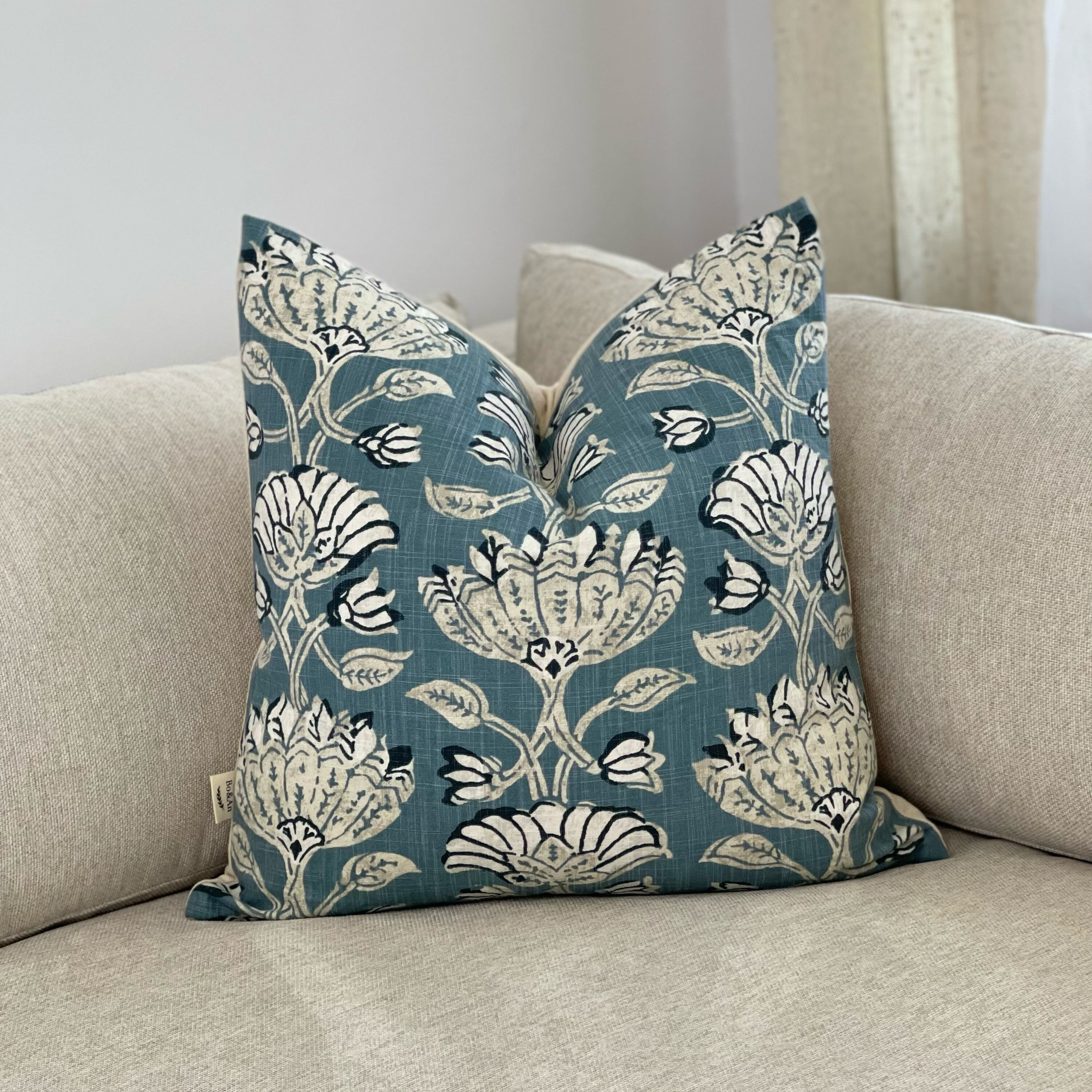 Blue Gray and Beige Floral Pillow Cover for Sofa Pillow Cover Etsy