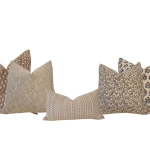 block print linen pillow combos. camel color/ light brown floral pillow combos.