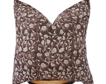 NEW/ Block Print Linen Pillow Cover: brown Floral Design