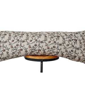 block print linen pillow cover, gray and light brown floral pillow cover, lumbar pillow cover