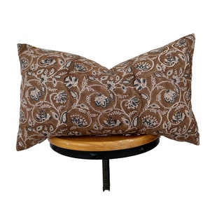 block print linen pillow, brown/ light rusty and indigo blue color floral pillow, lumbar pillow cover