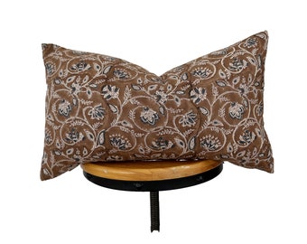 block print linen pillow, brown/ light rusty and indigo blue color floral pillow, lumbar pillow cover