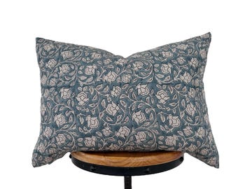 Block Print Linen Pillow Cover: Blue Floral Design