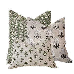Block print linen pillow combos, green/ gray/white floral natural linen pillow cover, 22x22”20x20”12x20”